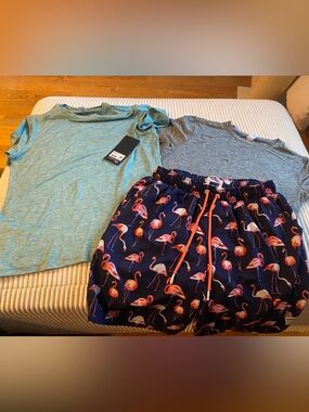 Navy Swim Shorts with Pink Flamingo Print & Flex tops